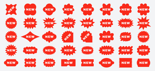 New product labels. Red stickers with "New" labels in price tag, circular badges and spark shape frames for sale, special offer and new arrival promotion. Isolated vector set