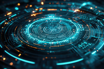 Abstract futuristic digital interface with glowing concentric circles and intricate data streams.