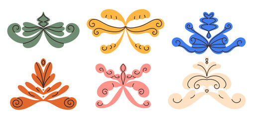 Fototapeta premium Set of ornate flourish design elements in various colors. Decorative vector ornaments with symmetrical shapes