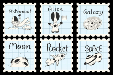 Set of space with postage stamps. Cosmic design elements. Collection of cards with doodle astronaut, universe, rocket and moon.