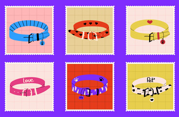 Set of postage stamps with pet collars for dogs and cats. Vector hand drawn illustration design.