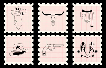 Wild West stamps set. Western graphic doodle elements.