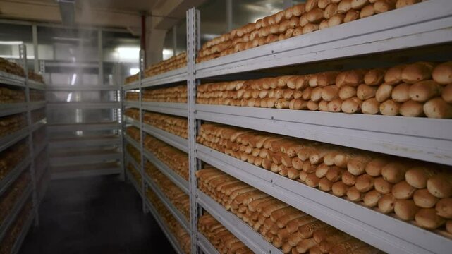 Freshly baked bread loaves cooling on metal racks in a bakery storage room, ensuring optimal texture and taste