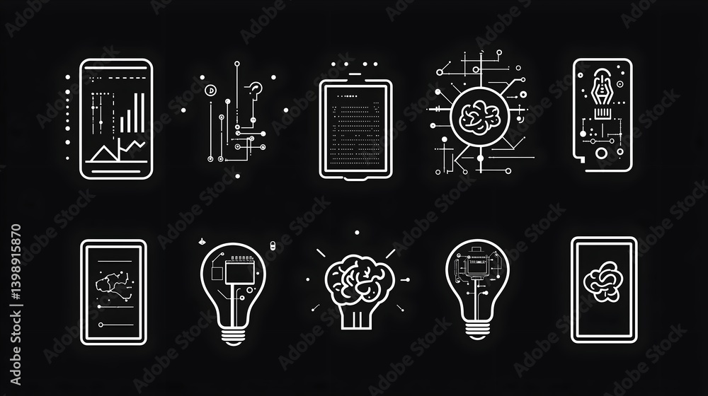 Poster digital brainstorming: a network of digital devices and brain-inspired icons is artistically arrange