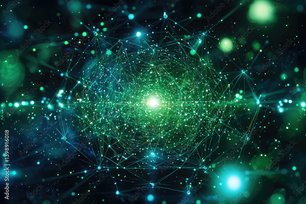Poster Abstract digital network connection, glowing nodes and lines forming a complex web, futuristic technology concept.