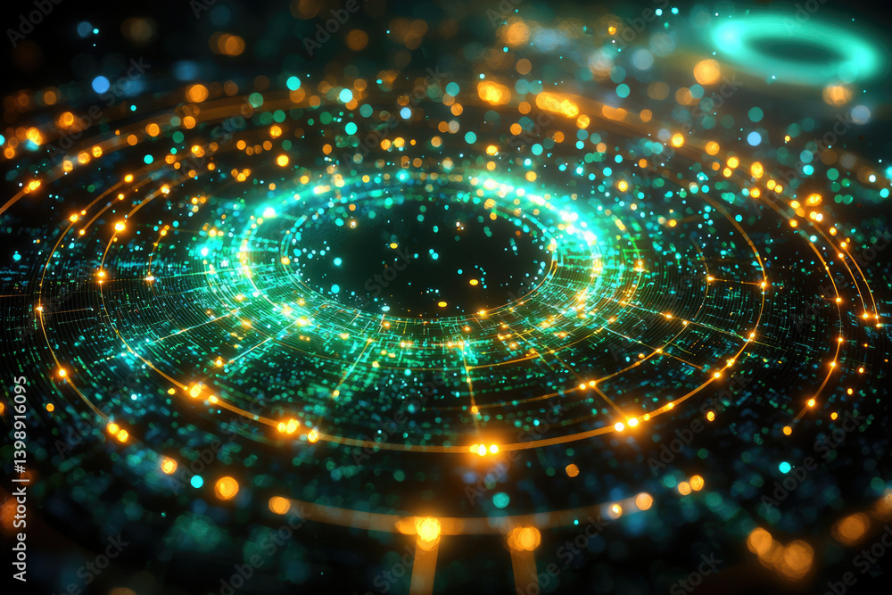 Poster abstract digital art depicting a swirling vortex of glowing teal and gold particles, creating a futu