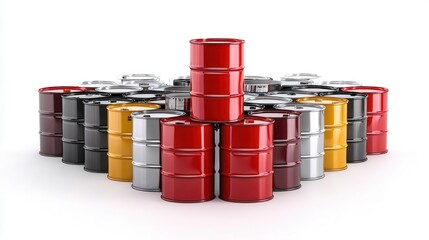 Colorful metal barrels arranged in a pattern on a white background.