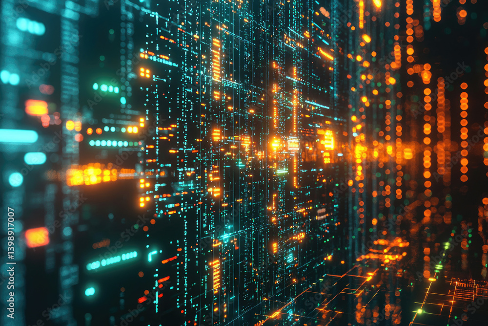 Aufkleber Abstract digital data visualization with glowing orange and teal lines forming a futuristic technological background.