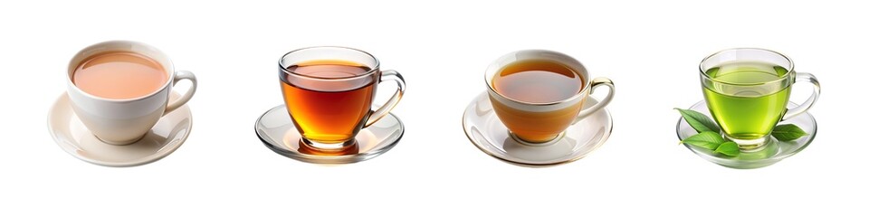 Different types of tea collection, hot beverage assortment, tea cups and saucers variety on transparent background
