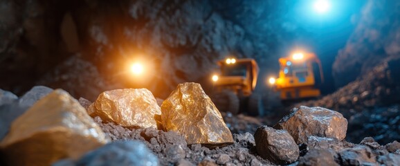 Underground mining operation featuring heavy equipment and golden rocks