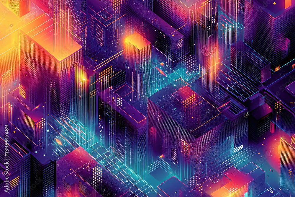 Poster abstract digital cityscape with vibrant neon lights and intricate geometric structures, showcasing f