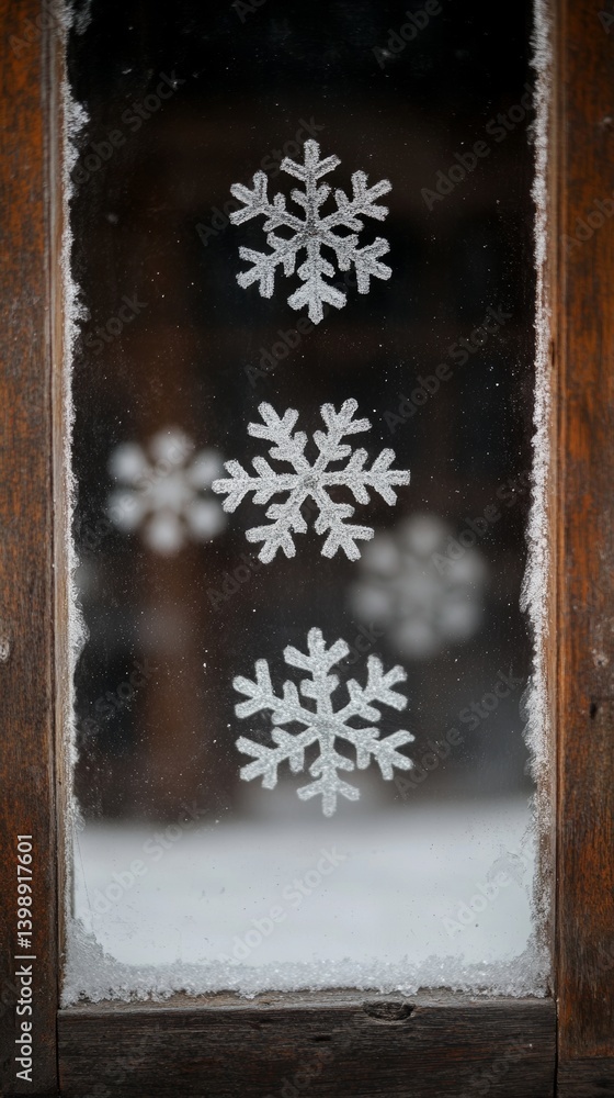 Poster a frosted windowpane adorned with intricate ice patterns and delicate snowflakes, set against a back