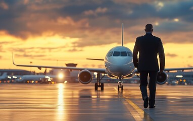 Businessman walking towards a jet at the airport during golden hour sunset. A travel professional at the airport. A stunning view of the sunset at the airport. life of pilots photo series