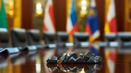 Geopolitical Meeting Table Displaying Rare Earth Metal Samples with Flags