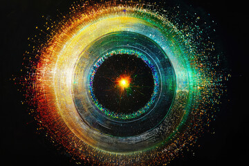 Abstract cosmic explosion, vibrant concentric circles radiate light and energy in a dazzling display of color and motion.
