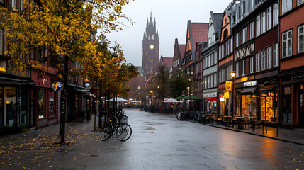 Fototapeta premium Rainy Autumn Evening City Street In European Town