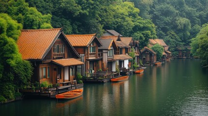Obraz premium Wooden houses on a tranquil river, nestled in lush greenery