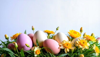Pastel Easter eggs on fresh grass with bright yellow flowers - background for spring Easter holiday.