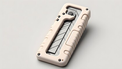 Handheld box cutter with safety blade and minimalist ergonomic design isolated on gray background