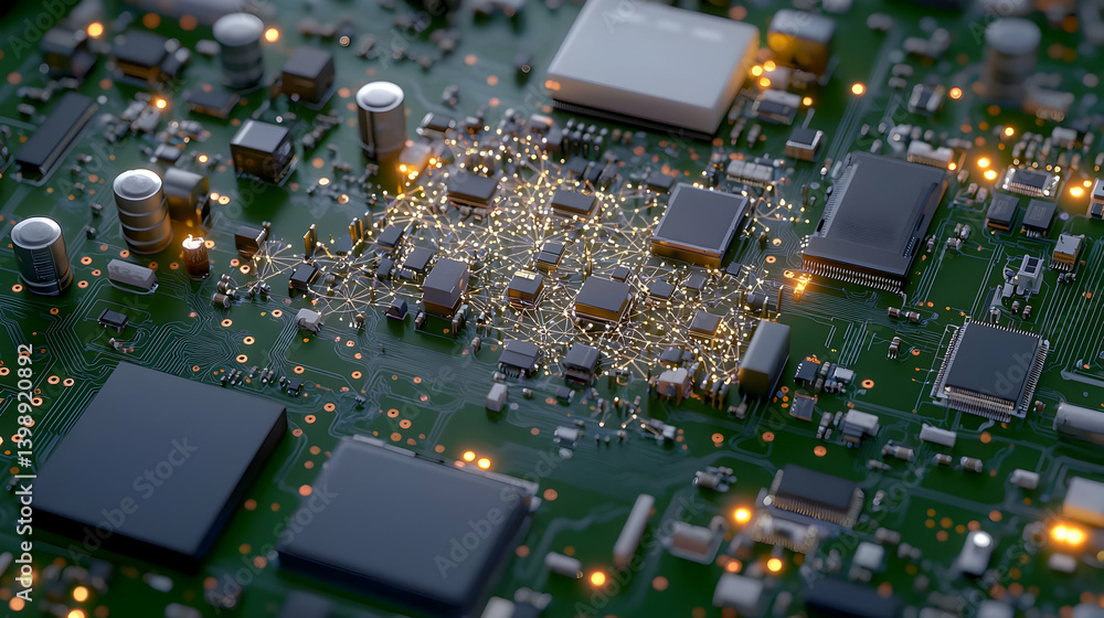 Poster close up view of circuit board with glowing components