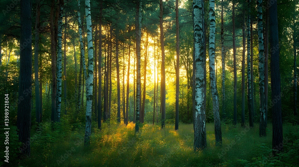Poster sunlight streams through a lush forest, creating a magical atmosphere. the trees stand tall and stro