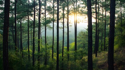 Obraz premium sun shining through trees in a forest during daytime