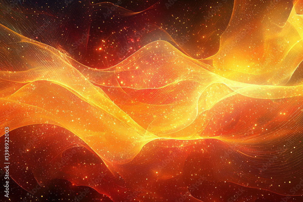 Poster abstract fiery cosmic waves with glowing particles, resembling a nebula or auroras in deep space.