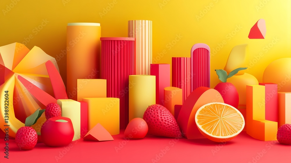 Poster a colorful abstract composition of geometric shapes and food elements. the composition uses vibrant 