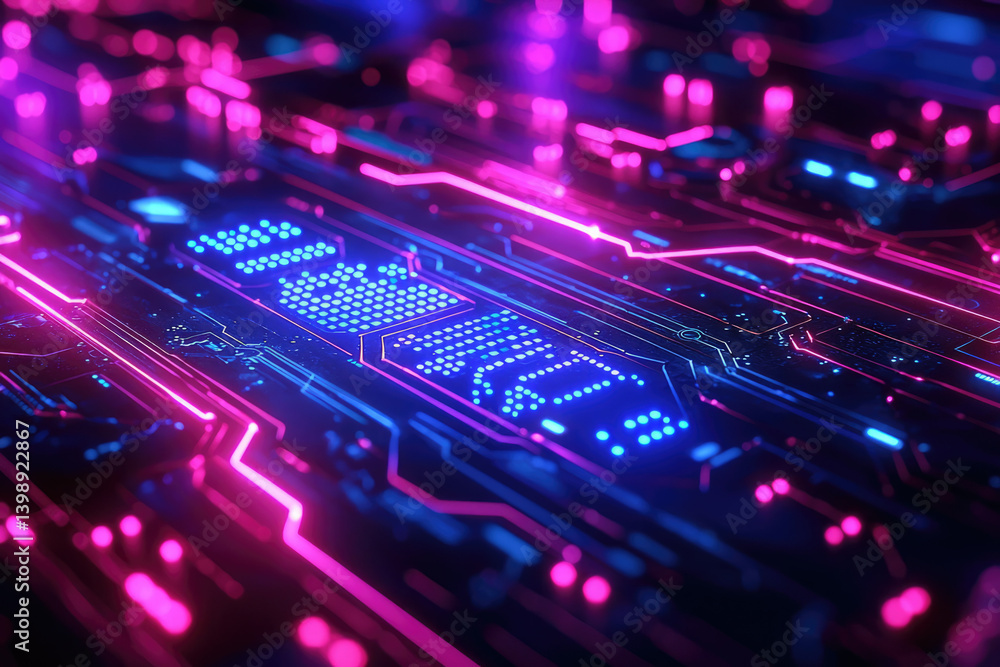 Poster Abstract futuristic circuit board with glowing neon pink and blue lines, data streams, and digital patterns.