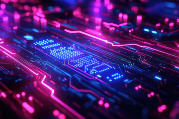 Obraz premium Abstract futuristic circuit board with glowing neon pink and blue lines, data streams, and digital patterns.