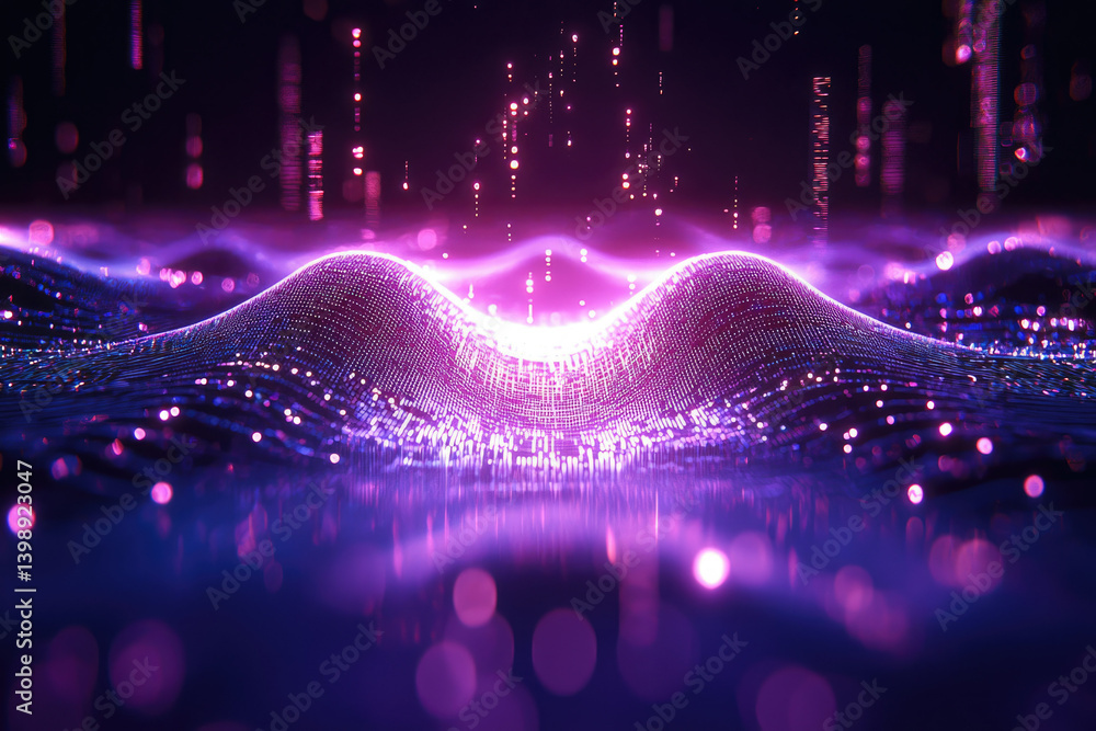 Leinwandbilder Abstract purple digital wave with glowing particles and bokeh effect, representing data flow or network connection.