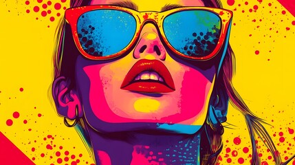 close up image of a woman with red lips wearing sunglasses, featuring a dynamic pop art style