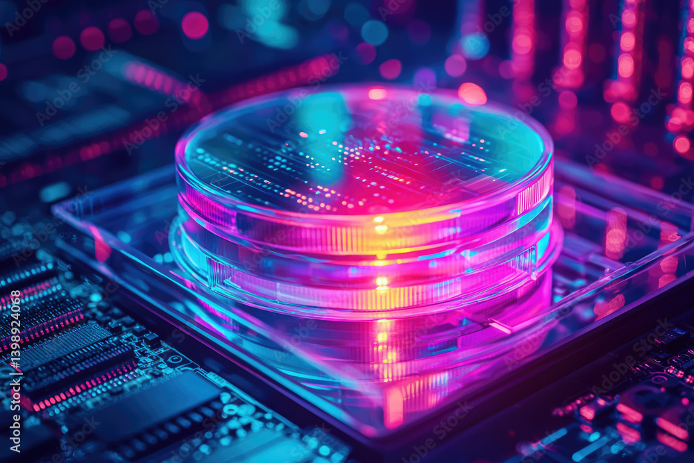 Poster Futuristic data storage concept: neon-lit transparent disks on a circuit board, symbolizing advanced technology and digital innovation.