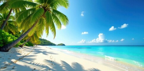 Fototapeta premium Sun-drenched white sand beach, turquoise water, lush palms , idyllic, fauna, blue