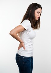 Obraz premium beautiful woman is experiencing pain in the lower back face pain back white