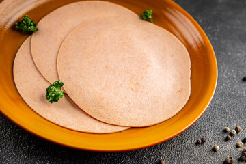 Sausage vegetarian seitan soy product ingredients legume no meat appetizer vegetables dish fresh gourmet food background on the table rustic food top view copy space diet vegetarian and vegan food