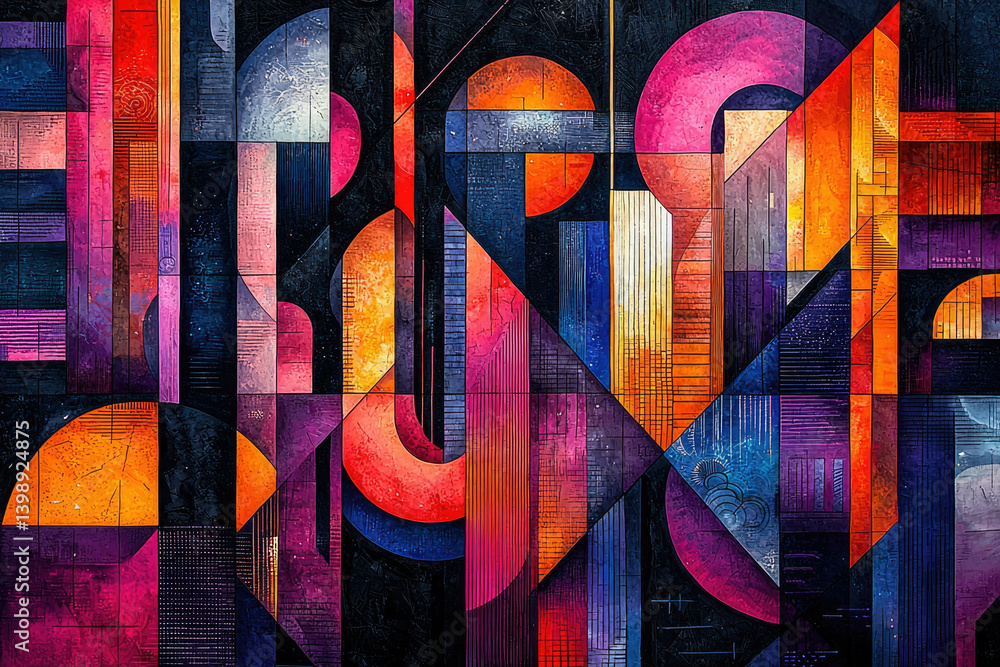 Poster Abstract geometric artwork with vibrant colors and shapes, creating a dynamic and energetic composition.