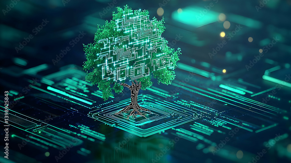 Poster digital tree in futuristic technology background