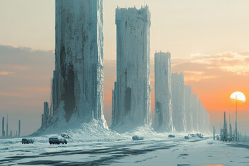 Post-apocalyptic snowy landscape with towering, eroded structures at sunset, vehicles traversing a frozen road.