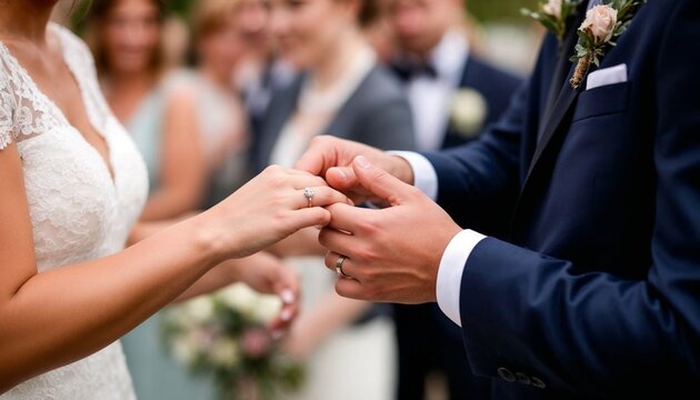 Bride and groom emotional exchanging rings during wedding ceremony