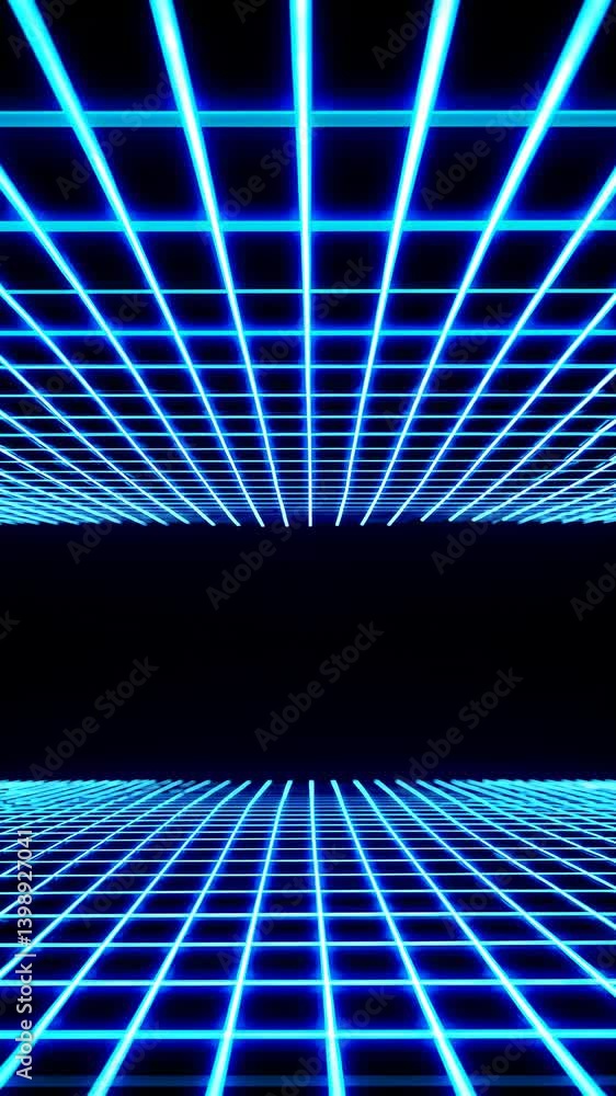 Poster futuristic video concept with a grid of glowing blue lines, creating a tunnel effect. low-angle view