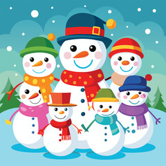 Merry xmas snowmen illustration with hat and scarf in a cold winter holiday season