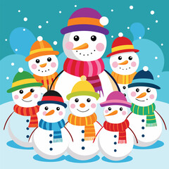 Merry xmas snowmen illustration with hat and scarf in a cold winter holiday season