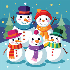 Merry xmas snowmen illustration with hat and scarf in a cold winter holiday season