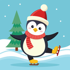 Cute cartoon Christmas penguin with santa hat and snowman in a snowy winter holiday illustration