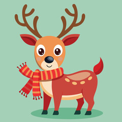 Cute cartoon christmas reindeer, Rudolph, a brown mammal with antlers, holds a blank white sign with a red ribbon