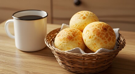 brazilian cheese bread in a woven basket with coffee in an enamel cup
