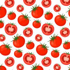 Seamless pattern with red tomato. Ripe juicy fresh tomato on white background. Vector flat background with vegetables. For web, printing on paper, packaging and surfaces.