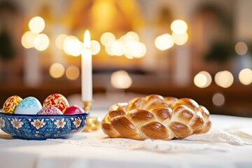  Greek Easter celebration with tsoureki bread and decorated eggs in church setting, candlelight ambiance