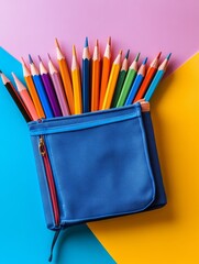 Fototapeta premium colorful back-to-school flat lay with sharpened pencils, watercolor palette, notebook, neatly arranged on pastel background